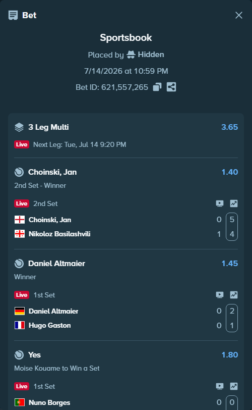 Bet slip: Choinski, Jan - Nikoloz Basilashvili, $10,000.00 stake at 1.40 odds, placed by Hidden