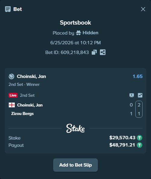 Bet slip: Choinski, Jan - Zizou Bergs, $29,600.00 stake at 1.65 odds, placed by Hidden