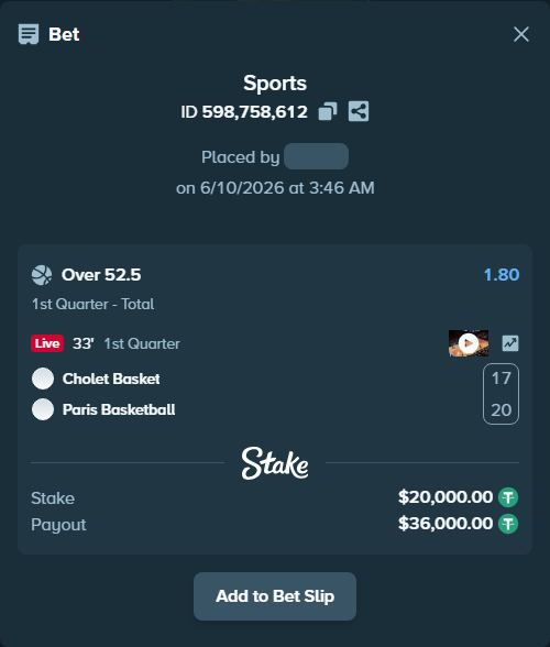 Bet slip: Cholet Basket - Paris Basketball, $20,020.00 stake at 1.80 odds, placed by Kriski99