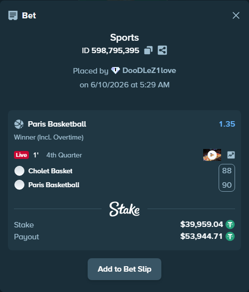 Bet slip: Cholet Basket - Paris Basketball, $39,999.00 stake at 1.35 odds, placed by DooDLeZ1love