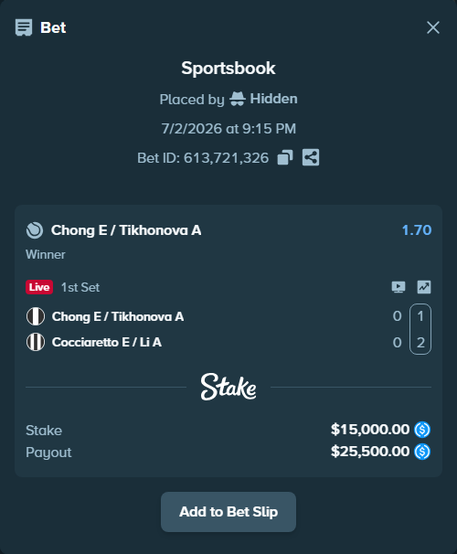 Bet slip: Chong E / Tikhonova A - Cocciaretto E / Li A, $15,000.00 stake at 1.70 odds, placed by Hidden