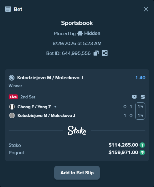 Bet slip: Chong E / Yang Z - Maleckova J / Skoch M, $114,265.00 stake at 1.40 odds, placed by Hidden