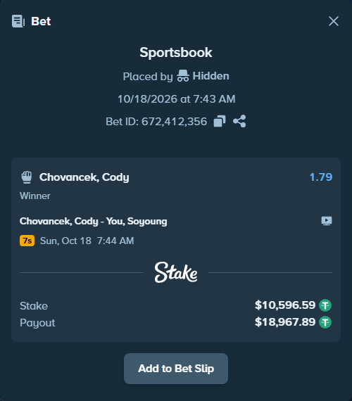 Bet slip: Chovancek, Cody - You, Soyoung, $10,607.18 stake at 1.79 odds, placed by theoutlaw