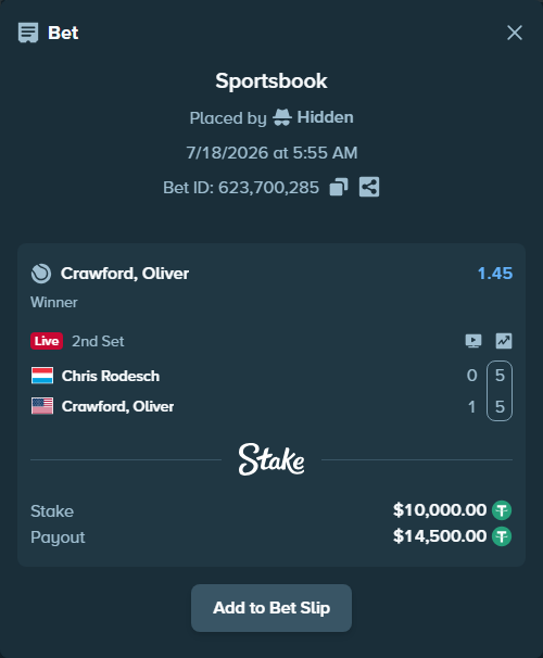 Bet slip: Chris Rodesch - Crawford, Oliver, $10,000.00 stake at 1.45 odds, placed by Hidden