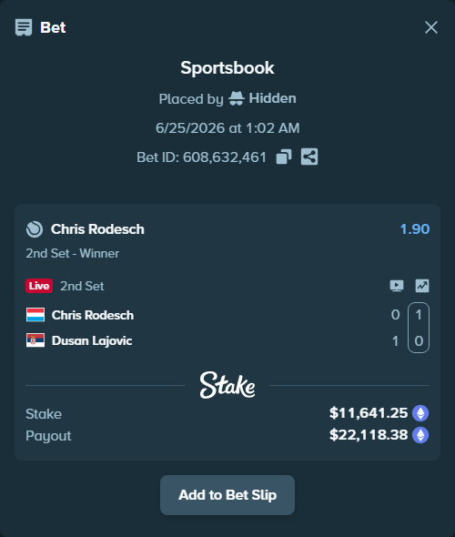 Bet slip: Chris Rodesch - Dusan Lajovic, $11,176.32 stake at 1.90 odds, placed by Hidden