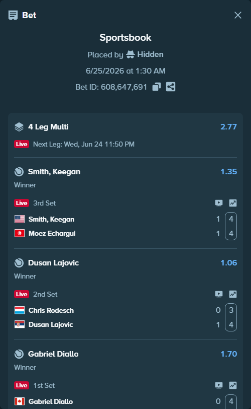 Bet slip: Chris Rodesch - Dusan Lajovic, $25,900.00 stake at 1.06 odds, placed by Hidden