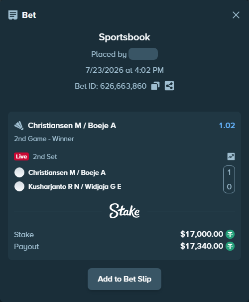 Bet slip: Christiansen M / Boeje A - Kusharjanto R N / Widjaja G E, $17,017.00 stake at 1.02 odds, placed by Kvindie