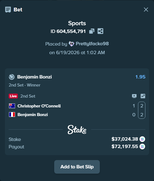 Bet slip: Christopher O'Connell - Benjamin Bonzi, $37,875.46 stake at 1.95 odds, placed by Prettylfacko98