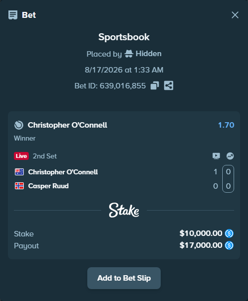Bet slip: Christopher O'Connell - Casper Ruud, $10,000.00 stake at 1.70 odds, placed by Hidden