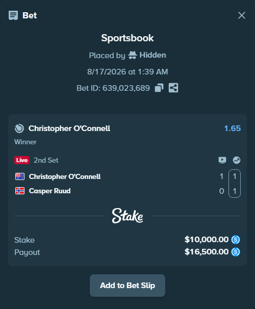 Bet slip: Christopher O'Connell - Casper Ruud, $10,000.00 stake at 1.65 odds, placed by Hidden