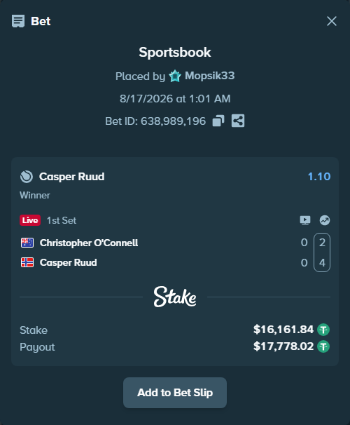 Bet slip: Christopher O'Connell - Casper Ruud, $16,178.00 stake at 1.10 odds, placed by Mopsik33
