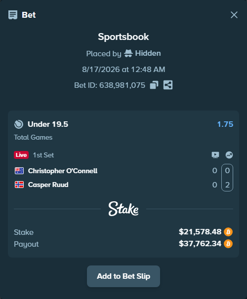 Bet slip: Christopher O'Connell - Casper Ruud, $21,665.17 stake at 1.75 odds, placed by Hidden