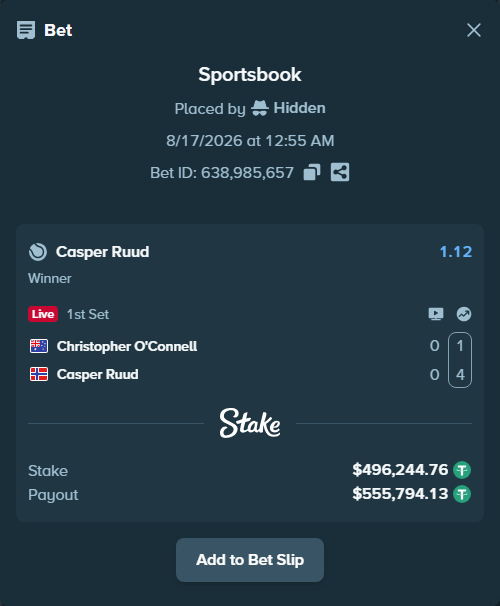 Bet slip: Christopher O'Connell - Casper Ruud, $496,741.00 stake at 1.12 odds, placed by Hidden