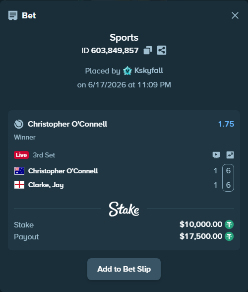 Bet slip: Christopher O'Connell - Clarke, Jay, $10,010.00 stake at 1.75 odds, placed by Kskyfall