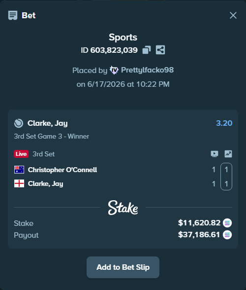 Bet slip: Christopher O'Connell - Clarke, Jay, $11,166.52 stake at 3.20 odds, placed by Prettylfacko98