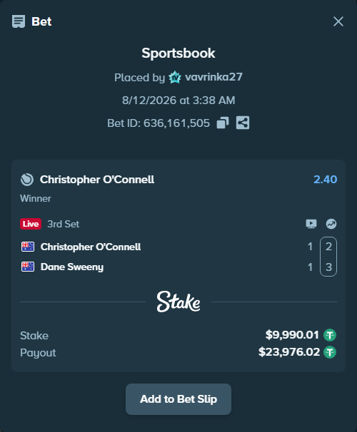 Bet slip: Christopher O'Connell - Dane Sweeny, $10,000.00 stake at 2.40 odds, placed by vavrinka27