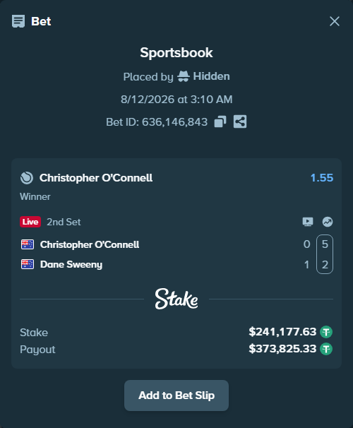 Bet slip: Christopher O'Connell - Dane Sweeny, $241,418.81 stake at 1.55 odds, placed by Hidden