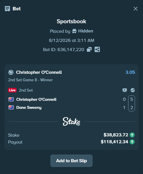 Bet slip: Christopher O'Connell - Dane Sweeny, $38,862.54 stake at 3.05 odds, placed by Hidden
