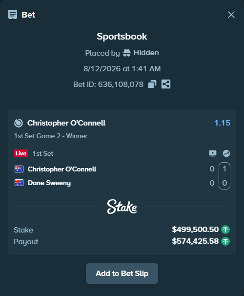 Bet slip: Christopher O'Connell - Dane Sweeny, $500,000.00 stake at 1.15 odds, placed by Hidden