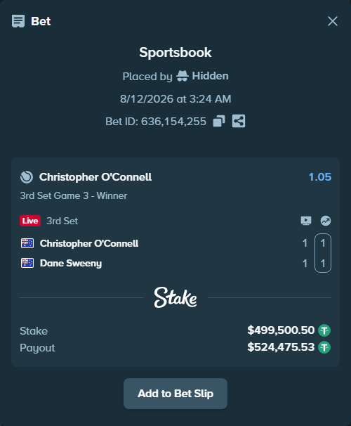 Bet slip: Christopher O'Connell - Dane Sweeny, $500,000.00 stake at 1.05 odds, placed by Hidden