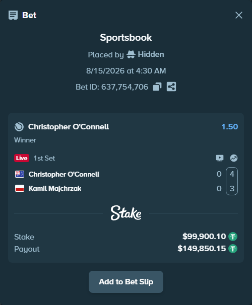 Bet slip: Christopher O'Connell - Kamil Majchrzak, $100,000.00 stake at 1.50 odds, placed by Hidden