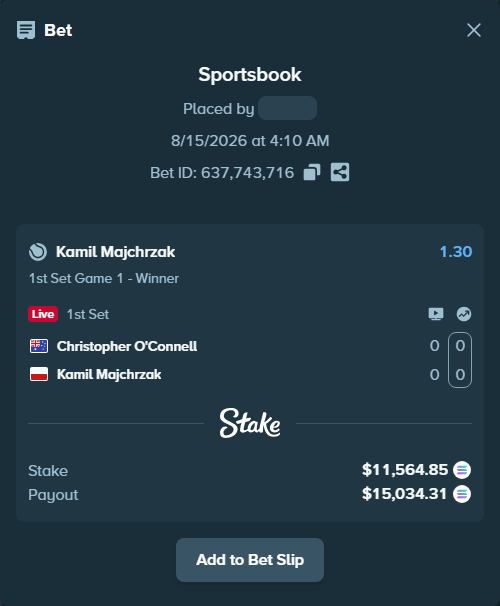 Bet slip: Christopher O'Connell - Kamil Majchrzak, $11,534.40 stake at 1.30 odds, placed by Prettylfacko98