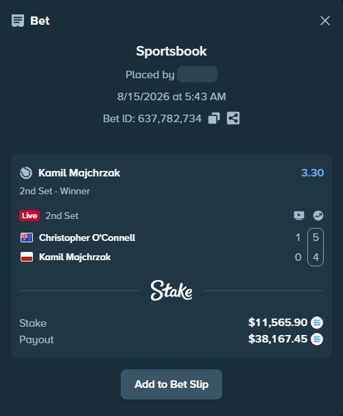 Bet slip: Christopher O'Connell - Kamil Majchrzak, $11,573.80 stake at 3.30 odds, placed by Prettylfacko98