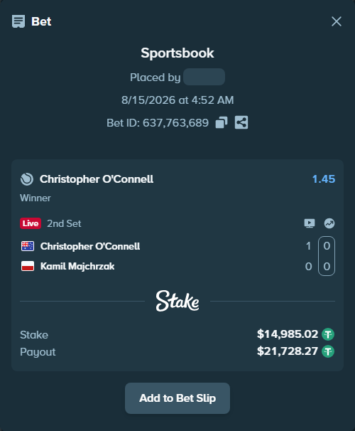Bet slip: Christopher O'Connell - Kamil Majchrzak, $15,000.00 stake at 1.45 odds, placed by urbanek99
