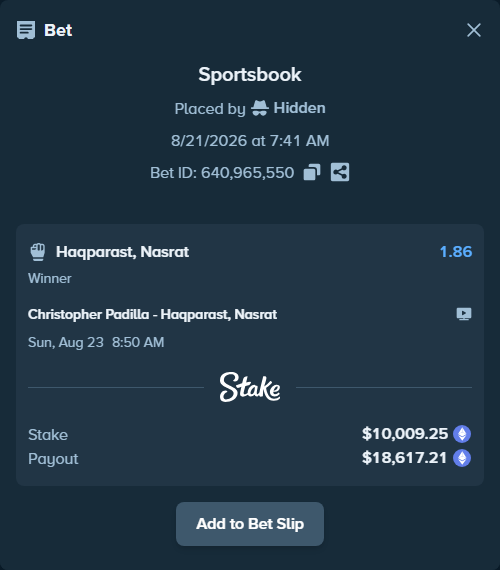 Bet slip: Christopher Padilla - Haqparast, Nasrat, $10,583.04 stake at 1.86 odds, placed by Hidden