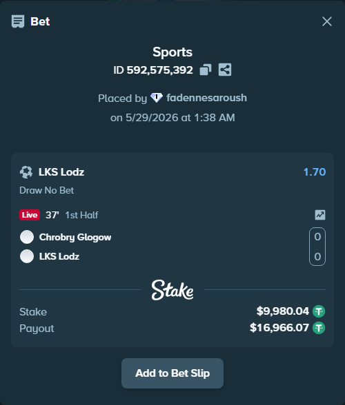 Bet slip: Chrobry Glogow - LKS Lodz, $10,000.00 stake at 1.70 odds, placed by fadennesaroush