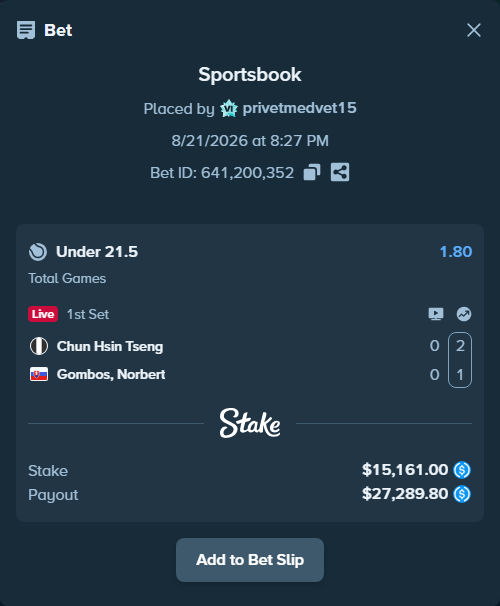 Bet slip: Chun Hsin Tseng - Gombos, Norbert, $15,161.00 stake at 1.80 odds, placed by privetmedvet15