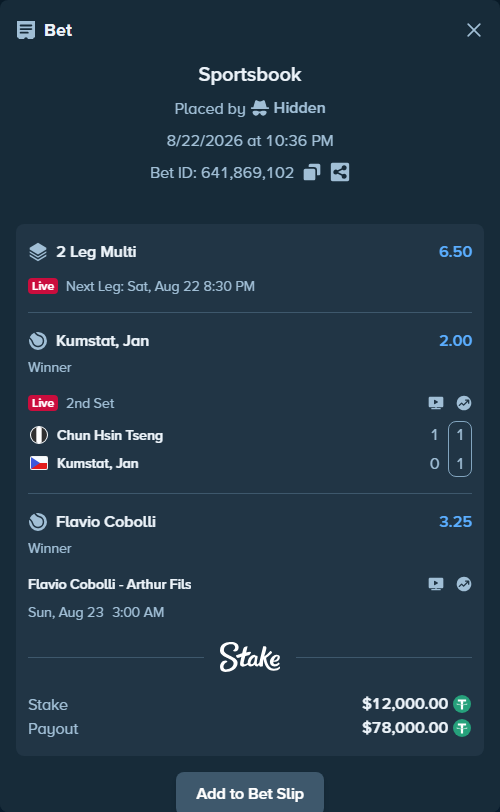 Bet slip: Chun Hsin Tseng - Kumstat, Jan, $12,000.00 stake at 2.00 odds, placed by Hidden