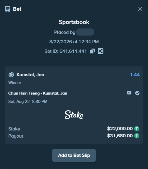 Bet slip: Chun Hsin Tseng - Kumstat, Jan, $22,000.00 stake at 1.44 odds, placed by diomancy