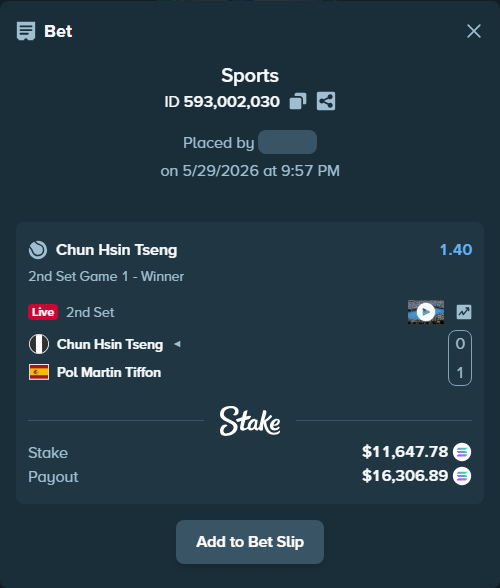 Bet slip: Chun Hsin Tseng - Pol Martin Tiffon, $10,483.08 stake at 1.40 odds, placed by Prettylfacko98
