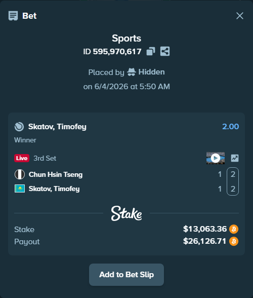 Bet slip: Chun Hsin Tseng - Skatov, Timofey, $12,866.00 stake at 2.00 odds, placed by Hidden