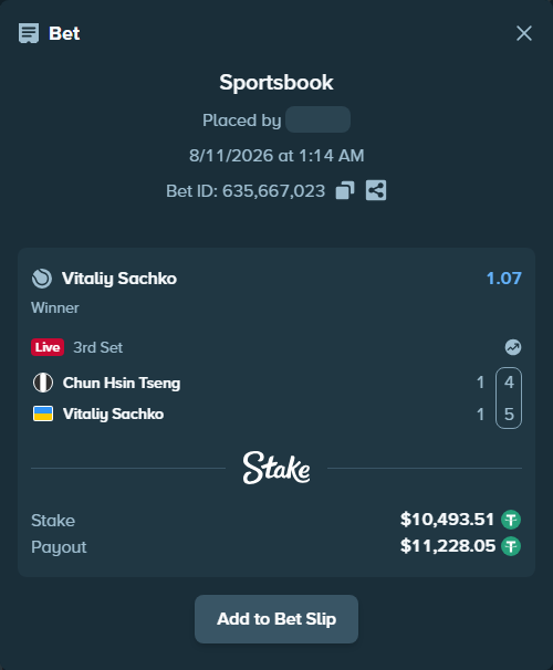 Bet slip: Chun Hsin Tseng - Vitaliy Sachko, $10,504.00 stake at 1.07 odds, placed by RyazheniyPetuh