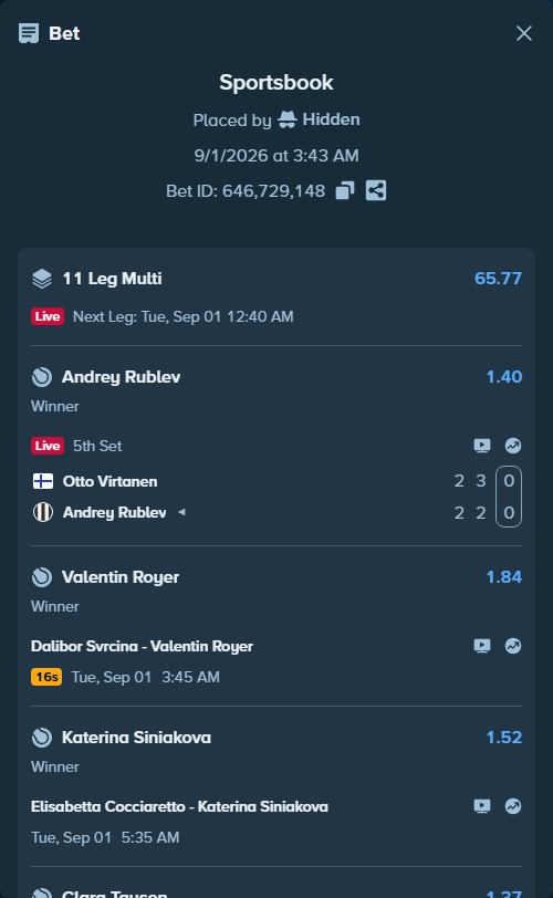 Bet slip: Chun Hsin Tseng - Zhang, Tianhui, $10,000.00 stake at 1.17 odds, placed by Hidden