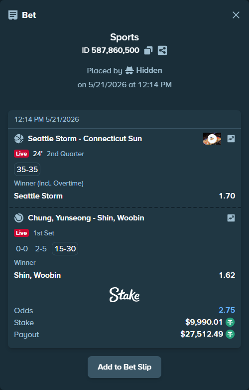 Bet slip: Chung, Yun Seong - Shin, Woobin, $10,000.00 stake at 1.62 odds, placed by Hidden