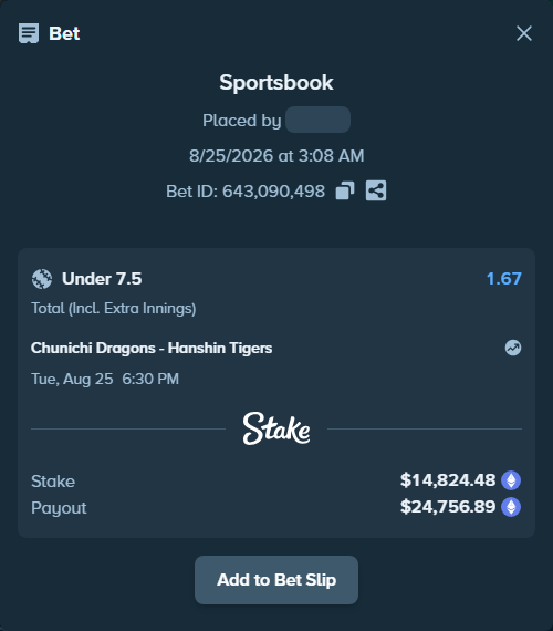 Bet slip: Chunichi Dragons - Hanshin Tigers, $14,796.84 stake at 1.67 odds, placed by myprecious1
