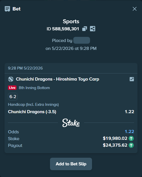 Bet slip: Chunichi Dragons - Hiroshima Toyo Carp, $20,000.00 stake at 1.22 odds, placed by ArtTema