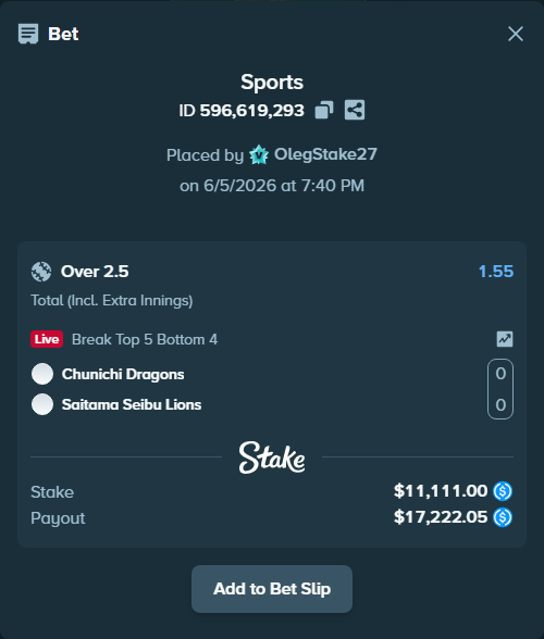 Bet slip: Chunichi Dragons - Saitama Seibu Lions, $11,111.00 stake at 1.55 odds, placed by OlegStake27