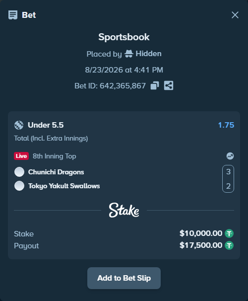 Bet slip: Chunichi Dragons - Tokyo Yakult Swallows, $10,000.00 stake at 1.75 odds, placed by Hidden