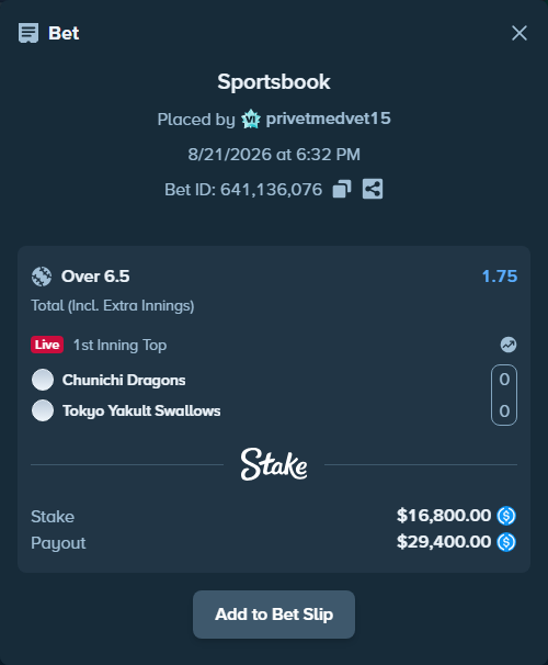 Bet slip: Chunichi Dragons - Tokyo Yakult Swallows, $16,800.00 stake at 1.75 odds, placed by privetmedvet15