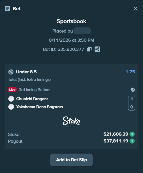 Bet slip: Chunichi Dragons - Yokohama Dena Baystars, $21,628.00 stake at 1.75 odds, placed by Rovangood