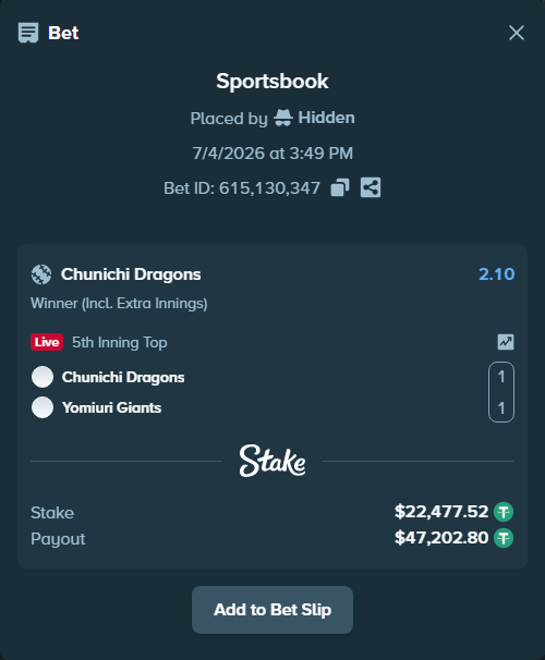 Bet slip: Chunichi Dragons - Yomiuri Giants, $22,500.00 stake at 2.10 odds, placed by Hidden