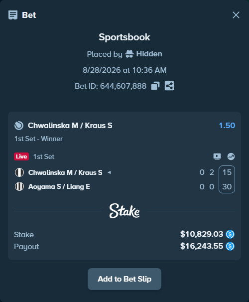 Bet slip: Chwalinska M / Kraus S - Aoyama S / Liang E-, $10,829.03 stake at 1.50 odds, placed by Hidden