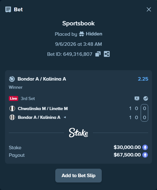 Bet slip: Chwalinska M / Linette M - Bondar A / Kalinina A, $30,014.23 stake at 2.25 odds, placed by Hidden
