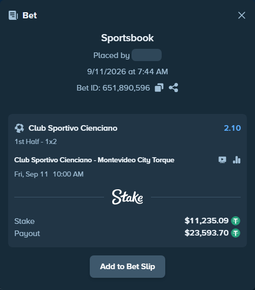 Bet slip: Cienciano - Montevideo City Torque, $11,232.85 stake at 2.10 odds, placed by KOHINUR7474