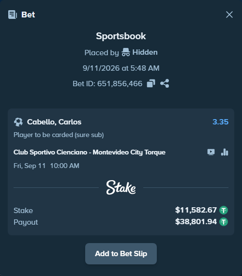 Bet slip: Cienciano - Montevideo City Torque, $11,580.35 stake at 3.35 odds, placed by Hidden