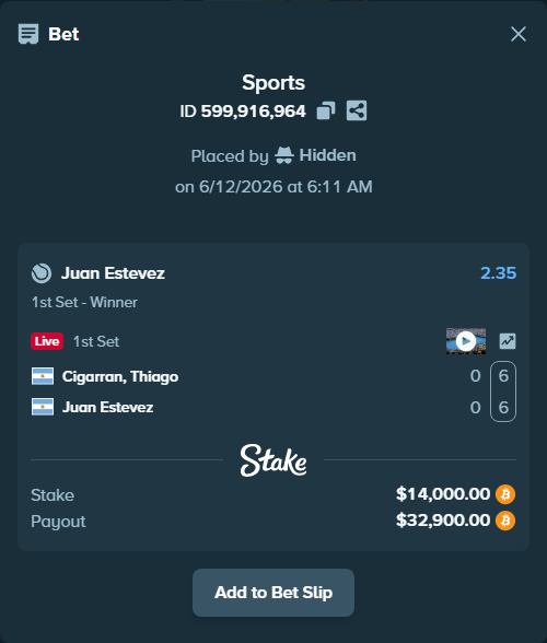 Bet slip: Cigarran, Thiago - Juan Estevez, $14,220.79 stake at 2.35 odds, placed by Hidden